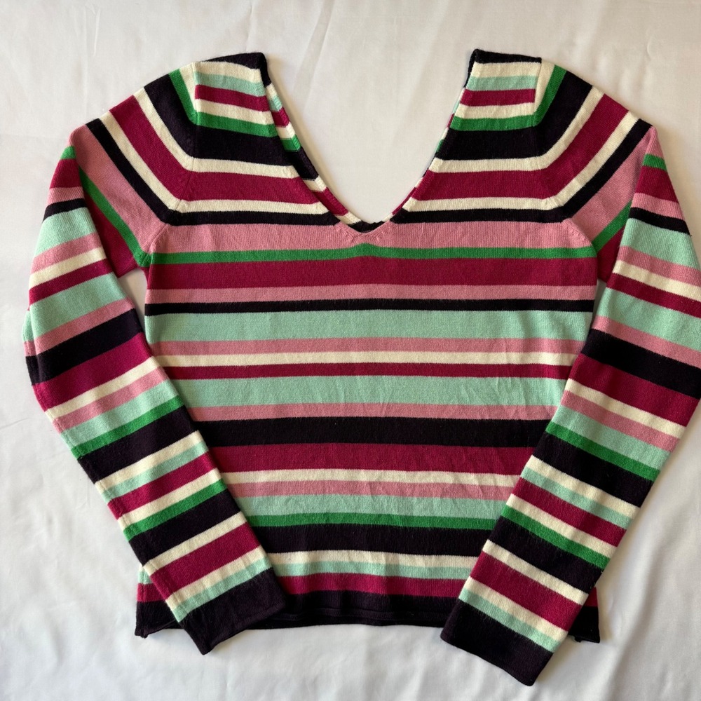 Vintage Esprit Womens V-Neck Striped Long Sleeve Sweater Pink Green Size Large